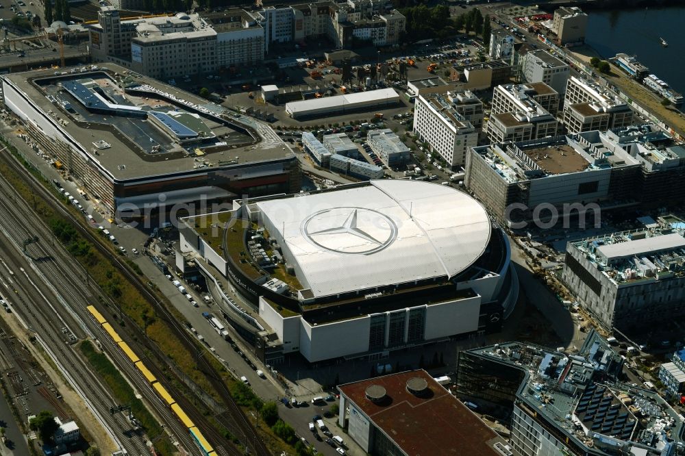 Berlin from above - Arena Mercedes-Benz-Arena on Friedrichshain part of Berlin. The former O2 World - now Mercedes-Benz-Arena - is located in the Anschutz Areal, a business and office space on the riverbank