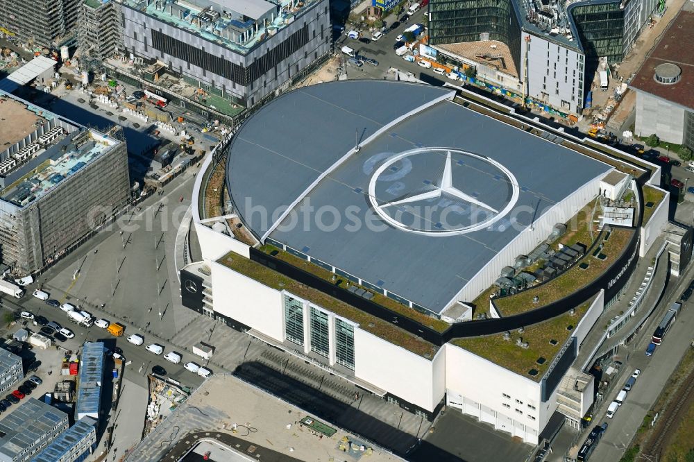 Berlin from above - Arena Mercedes-Benz-Arena on Friedrichshain part of Berlin. The former O2 World - now Mercedes-Benz-Arena - is located in the Anschutz Areal, a business and office space on the riverbank