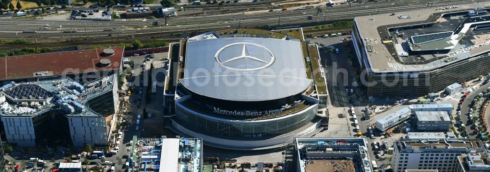 Aerial image Berlin - Arena Mercedes-Benz-Arena on Friedrichshain part of Berlin. The former O2 World - now Mercedes-Benz-Arena - is located in the Anschutz Areal, a business and office space on the riverbank