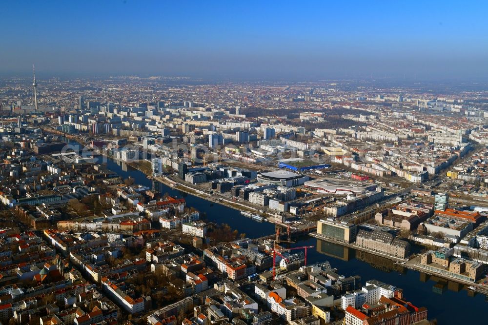 Berlin from above - Arena Mercedes-Benz-Arena on Friedrichshain part of Berlin. The former O2 World - now Mercedes-Benz-Arena - is located in the Anschutz Areal, a business and office space on the riverbank