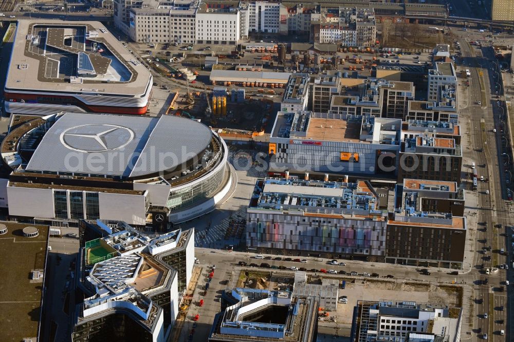 Aerial photograph Berlin - Arena Mercedes-Benz-Arena on Friedrichshain part of Berlin. The former O2 World - now Mercedes-Benz-Arena - is located in the Anschutz Areal, a business and office space on the riverbank