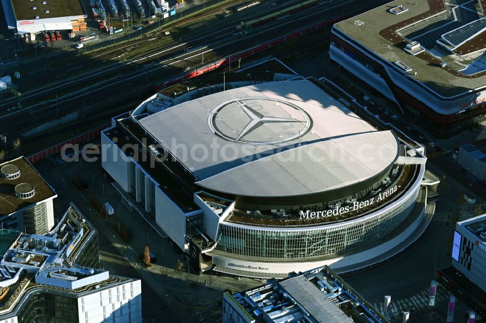 Berlin from above - Arena Mercedes-Benz-Arena on Friedrichshain part of Berlin. The former O2 World - now Mercedes-Benz-Arena - is located in the Anschutz Areal, a business and office space on the riverbank