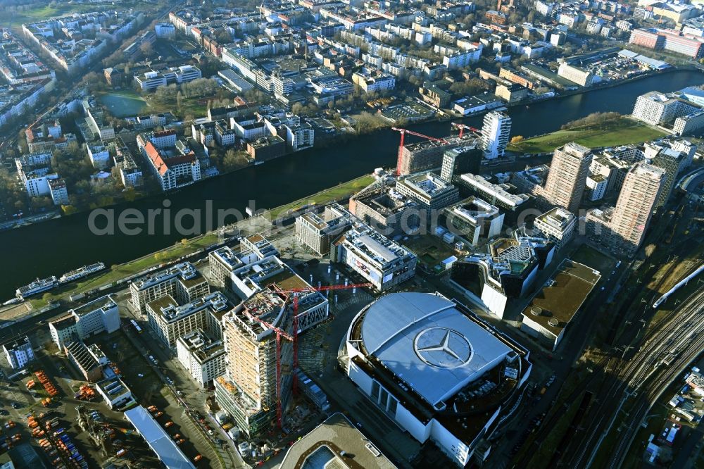 Aerial photograph Berlin - Arena Mercedes-Benz-Arena on Friedrichshain part of Berlin. The former O2 World - now Mercedes-Benz-Arena - is located in the Anschutz Areal, a business and office space on the riverbank