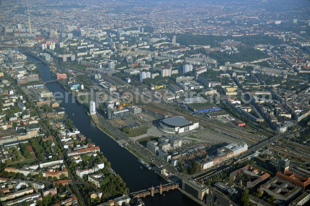 Berlin from above - Mercedes-Benz-Arena on the Spree riverbank in the Friedrichshain part of Berlin. The former O2 World - now Mercedes-Benz-Arena - is located in the Anschutz Areal, a business and office space on the riverbank