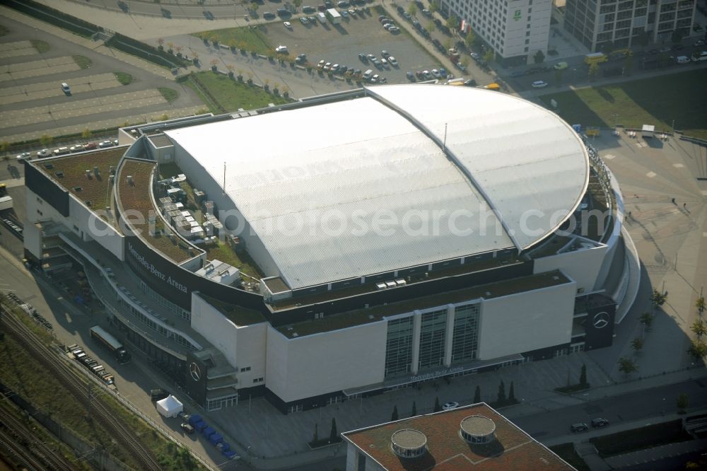 Berlin from above - Mercedes-Benz-Arena on the Spree riverbank in the Friedrichshain part of Berlin. The former O2 World - now Mercedes-Benz-Arena - is located in the Anschutz Areal, a business and office space on the riverbank