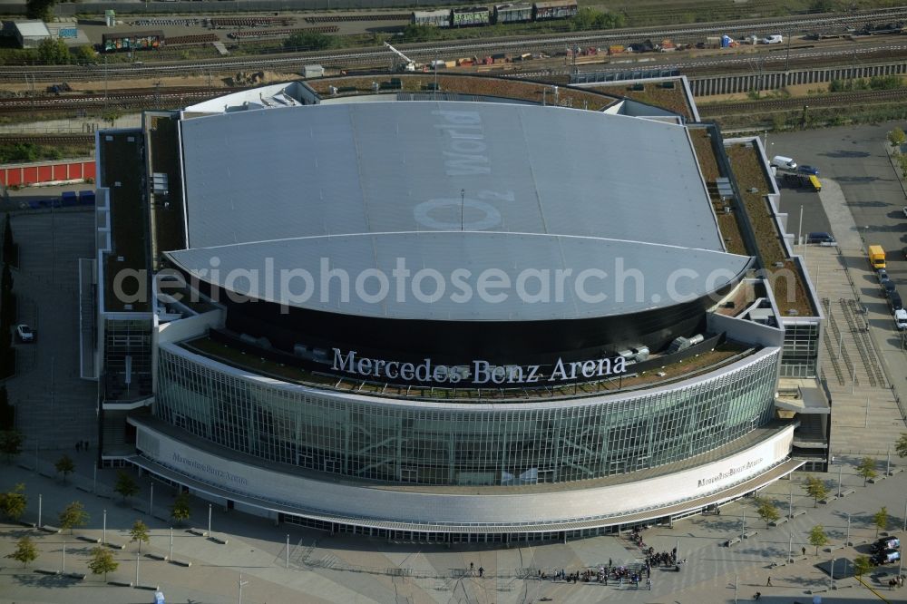 Berlin from above - Mercedes-Benz-Arena on the Spree riverbank in the Friedrichshain part of Berlin. The former O2 World - now Mercedes-Benz-Arena - is located in the Anschutz Areal, a business and office space on the riverbank