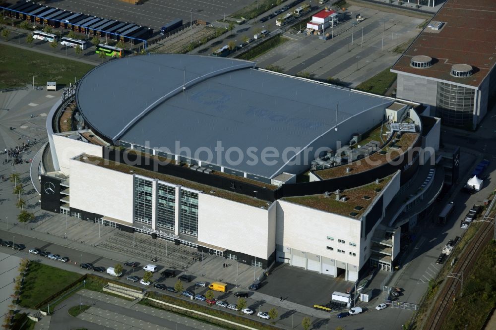 Berlin from above - Mercedes-Benz-Arena on the Spree riverbank in the Friedrichshain part of Berlin. The former O2 World - now Mercedes-Benz-Arena - is located in the Anschutz Areal, a business and office space on the riverbank