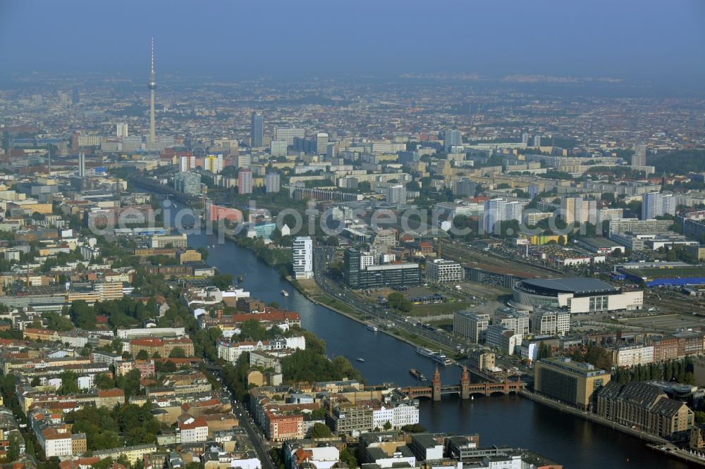 Aerial image Berlin - Mercedes-Benz-Arena on the Spree riverbank in the Friedrichshain part of Berlin. The former O2 World - now Mercedes-Benz-Arena - is located in the Anschutz Areal, a business and office space on the riverbank