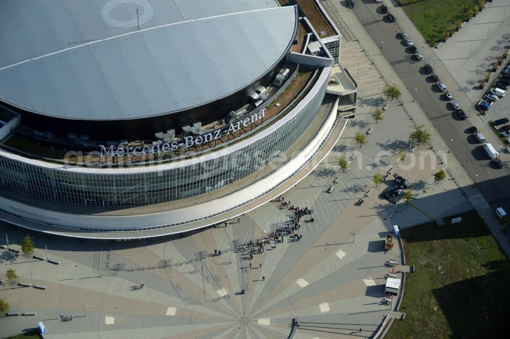 Berlin from above - Mercedes-Benz-Arena on the Spree riverbank in the Friedrichshain part of Berlin. The former O2 World - now Mercedes-Benz-Arena - is located in the Anschutz Areal, a business and office space on the riverbank