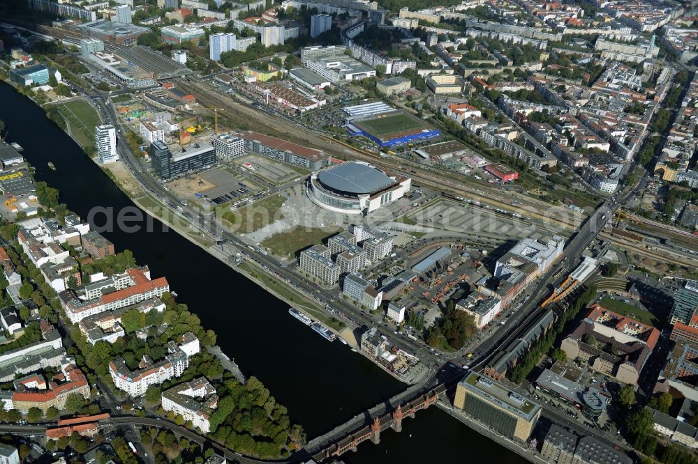 Berlin from above - Mercedes-Benz-Arena on the Spree riverbank in the Friedrichshain part of Berlin. The former O2 World - now Mercedes-Benz-Arena - is located in the Anschutz Areal, a business and office space on the riverbank