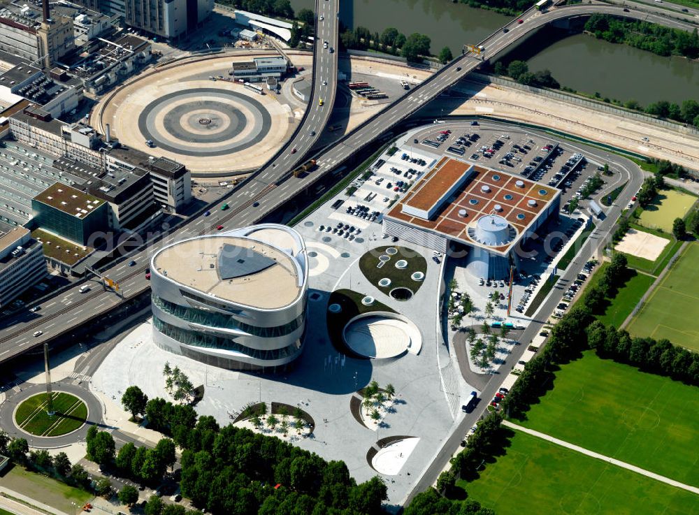 Aerial image Stuttgart - The Mercedes-Benz World is a customer service center of Daimler in Stuttgart-Bad Cannstatt. The concept for the museum expansion was developed by the Stuttgart HG Merz. On their way through the museum, visitors can experience a journey through 120 years of automotive history