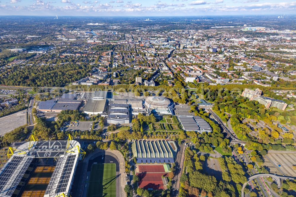 Dortmund from the bird's eye view: Exhibition grounds, congress center and exhibition halls and arena of the BVB - stadium Signal Iduna Park in Dortmund in the Ruhr area in the state of North Rhine-Westphalia, Germany