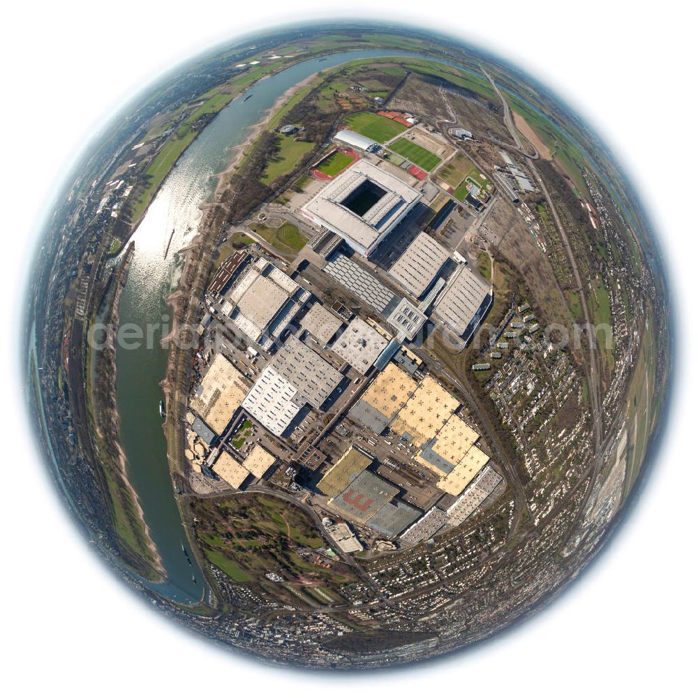 Düsseldorf from above - View of the fairgrounds and ESPRIT arena (until June 2009 LTU Arena) in Dusseldorf. The multi-purpose arena was built at the site of the old Rhine Stadium and opened in 2005. The stadium has a capacity of 54 600 seats