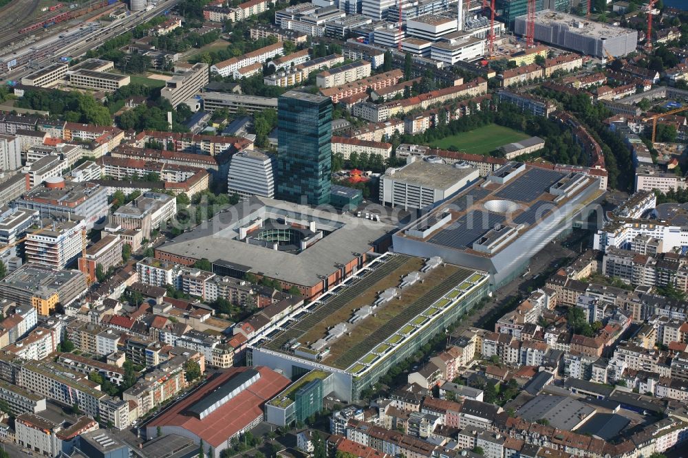 Basel from above - The exhibition center Basel with the Basle Exhibition Tower and trade fair halls in Basle, Switzerland