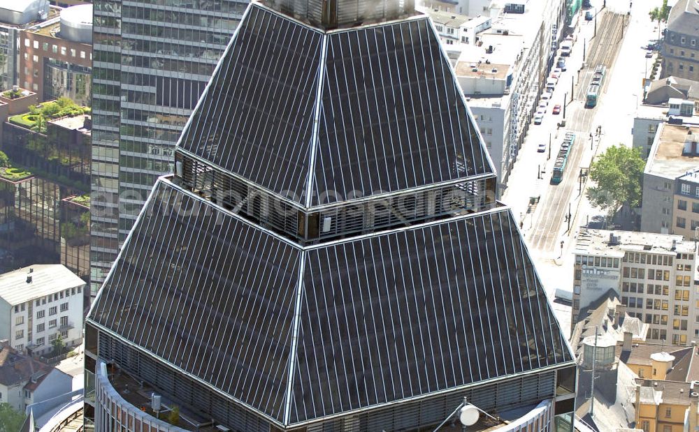 Aerial photograph Frankfurt am Main - Blick auf den Messeturm in Frankfurt. Er hat eine Höhe von 257 m mit 55 Etagen und war bei seinem Bau 1991 das höchste Gebäude Europas. Die Pyramide auf dem Dach ist 36,6 m hoch. View on the Fair Tower in Frankfurt. It has a height of 257 meters with 55 floors and was at its construction in 1991, the highest building in Europe. The Pyramid on the roof is 36.6 m high.