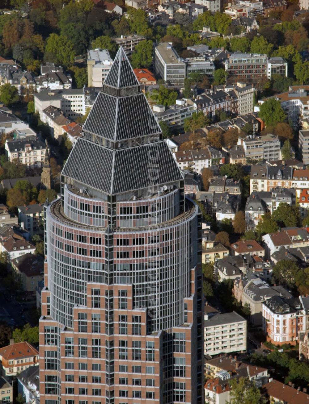 Frankfurt am Main from the bird's eye view: Blick auf die Spitze des Messeturms auf dem Messe- und Ausstellungsgelände Frankfurt auf der Friedrich-Ebert-Anlage 1. Ansprechpartner: Dr. Jens Schreiber Tel.: 69 75 75-66 22 - Telefax +49 69 75 75-68 44 press@messefrankfurt.com