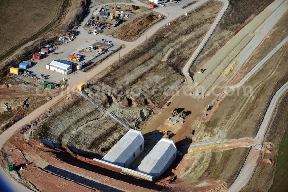 Bad Bibra from above - View of the construction works at Bibra tunnel, a tunnel construction project by the Marti AG. The railway tunnel is created as a part of the German Unity Transport Project (VDE) No. 8. The building is created by spraying concrete with the inner shell in-situ concrete. The length of the two tunnels of the railway tracks will be 6466 meters. Client is the DB InfraGO AG