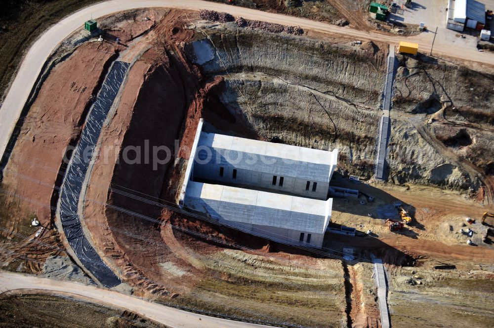 Bad Bibra from the bird's eye view: View of the construction works at Bibra tunnel, a tunnel construction project by the Marti AG. The railway tunnel is created as a part of the German Unity Transport Project (VDE) No. 8. The building is created by spraying concrete with the inner shell in-situ concrete. The length of the two tunnels of the railway tracks will be 6466 meters. Client is the DB InfraGO AG