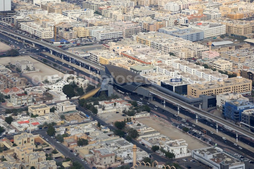 Dubai from the bird's eye view: Metro Station in the district Bur Dubai in Dubai in United Arab Emirates