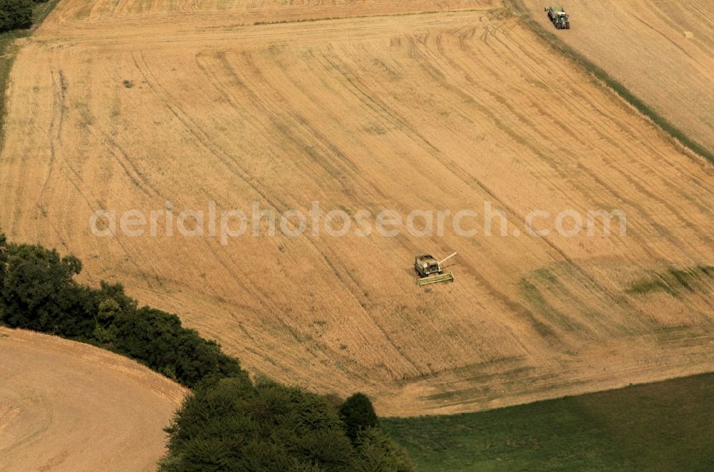 Erfurt from the bird's eye view: Combine harvester on a field near Erfurt in Thuringia