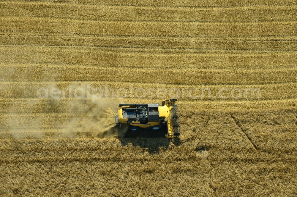 Aerial photograph Rauschwitz - Combines an agricultural concern at harvest on a grain field in Rauschwitz in Thuringia
