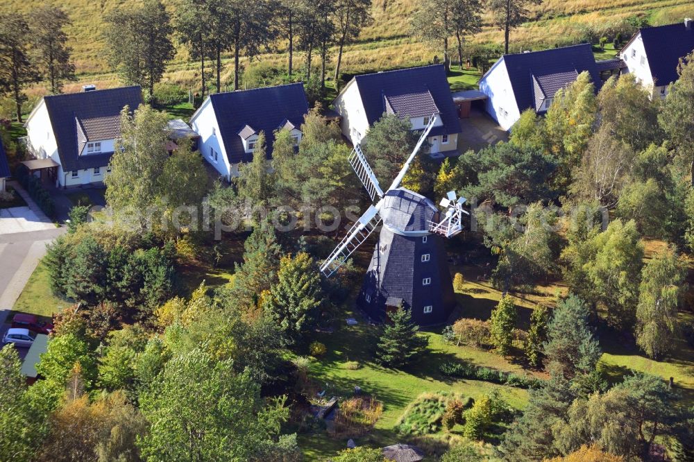 Aerial image Trassenheide - View of the mill Seebad in Trassenheide on Usedom in the state Mecklenburg-Vorpommern. The windmill was until the turnaround used as a holiday chalet and holiday apartment. Thereupon the mill became Wolfgang Gerbere property