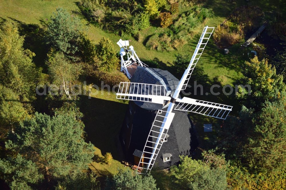 Trassenheide from above - View of the mill Seebad in Trassenheide on Usedom in the state Mecklenburg-Vorpommern. The windmill was until the turnaround used as a holiday chalet and holiday apartment. Thereupon the mill became Wolfgang Gerbere property