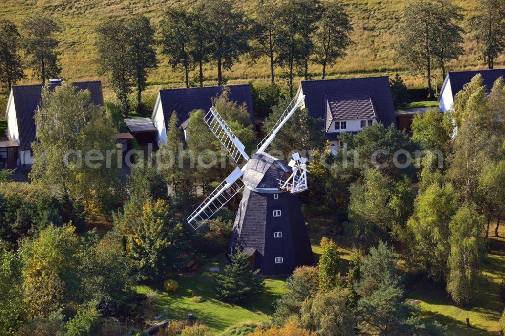 Trassenheide from the bird's eye view: View of the mill Seebad in Trassenheide on Usedom in the state Mecklenburg-Vorpommern. The windmill was until the turnaround used as a holiday chalet and holiday apartment. Thereupon the mill became Wolfgang Gerbere property