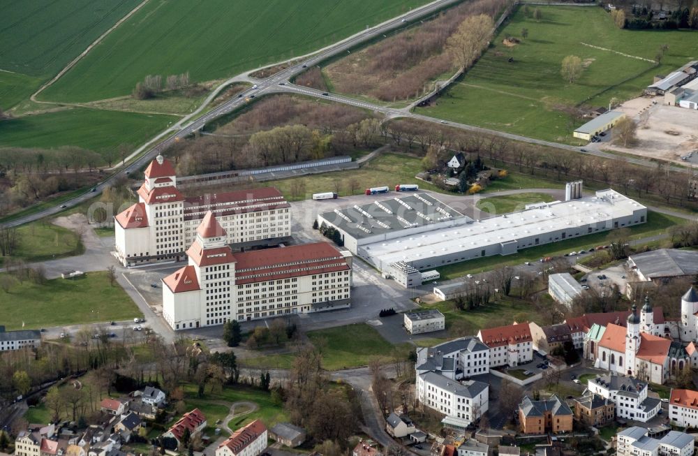 Aerial image Wurzen - The mill works on the mill race is an industrial monument, built between 1917 until 1925. The building is located in Wurzen in Saxony. The towers of the mill works are the landmarks of the city. Now home to the Wurzener Getreide AG