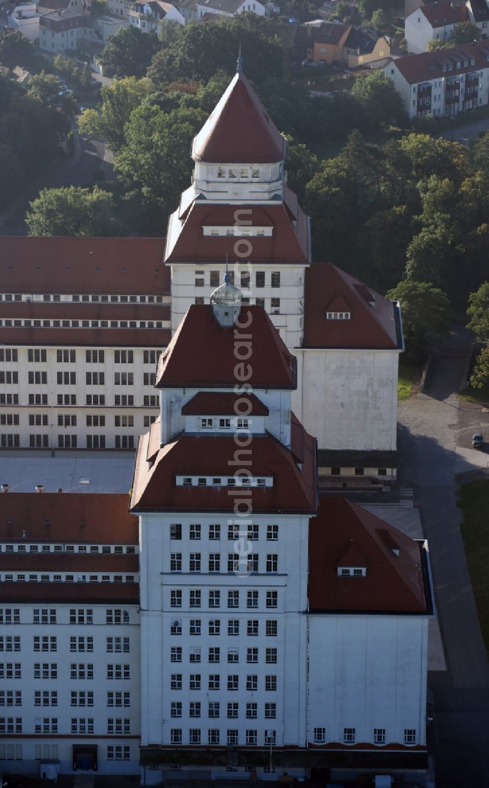 Aerial image Wurzen - The mill works on the mill race is an industrial monument, built between 1917 until 1925. The building is located in Wurzen in Saxony. The towers of the mill works are the landmarks of the city. Now home to the Wurzener Getreide AG