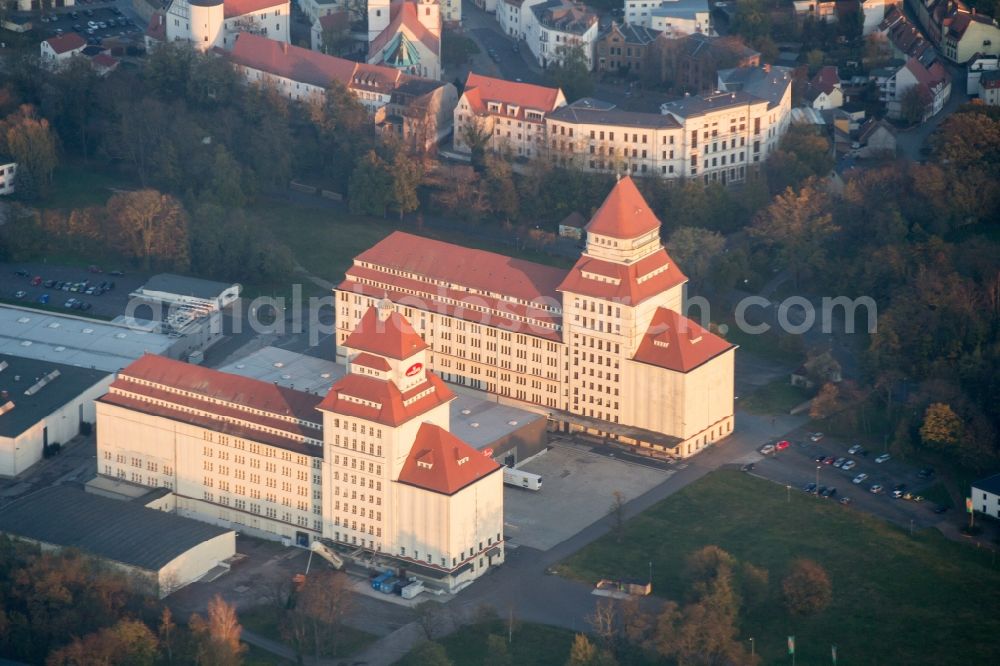 Aerial image Wurzen - The mill works on the mill race is an industrial monument, built between 1917 until 1925. The building is located in Wurzen in Saxony. The towers of the mill works are the landmarks of the city. Now home to the Wurzener Nahrungsmittel GmbH