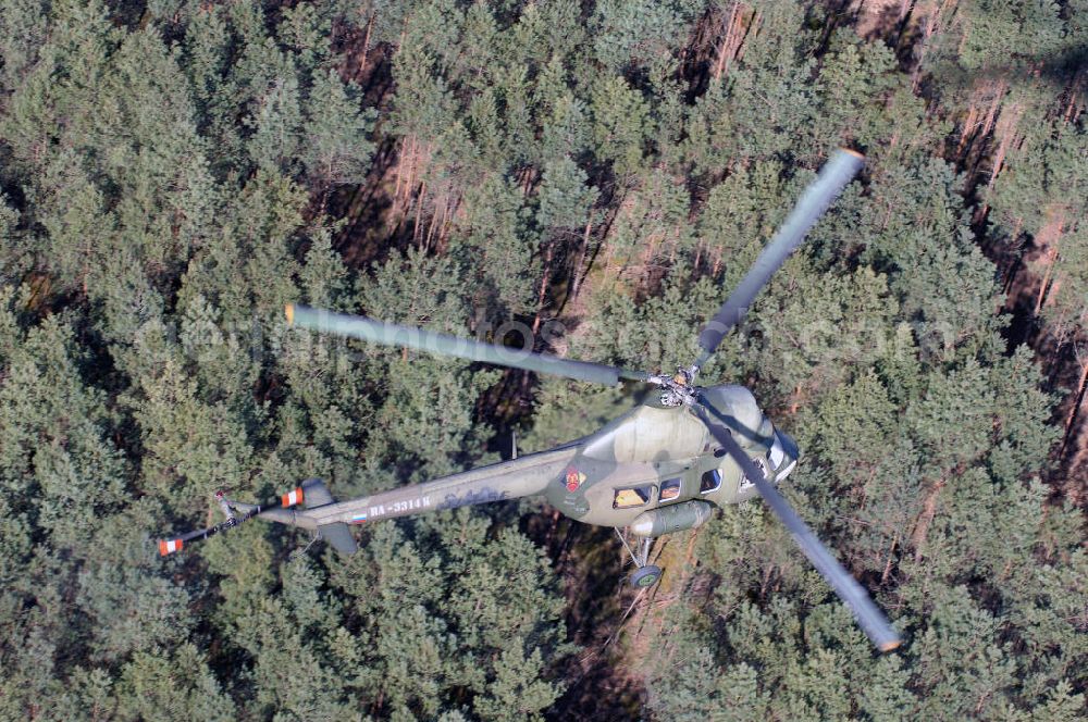 Finow from the bird's eye view: MI-2 Helikopter in Bemalung der ehemaligen NVA-Luftstreitkräfte (Nationale Volksarmee) der DDR mit noch am Rumpf sichtbarer taktischer Nummer der Bundeswehr im Anflug auf den Flugplatz Finow / Eberswalde zum historischen Oldtimertreffen auf dem Freigelände der Luftfahrthistorischen Sammlung. Das Luftfahrzeug fliegt heute unter der russischen Kennung RA-3314 K.