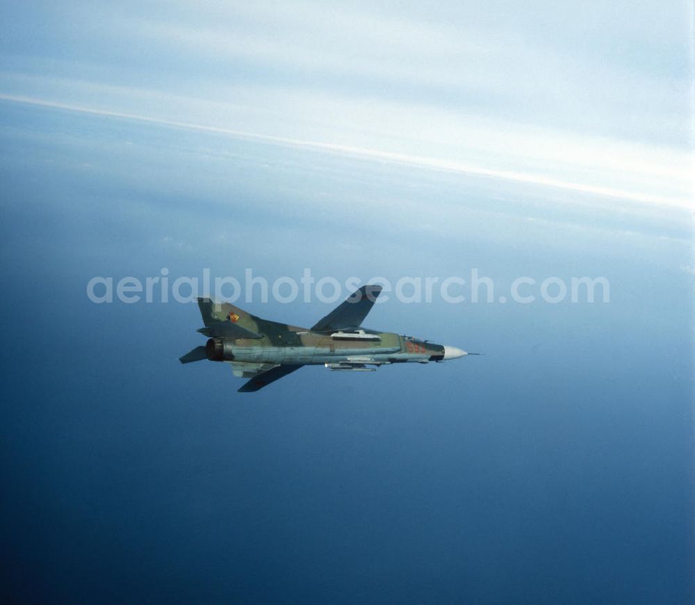 Peenemünde from the bird's eye view: Eine Mig 23 / ein Jagdflugzeug der NVA / Nationale Volksarmee über der Ostsee bei Peenemünde. Foto: Willmann