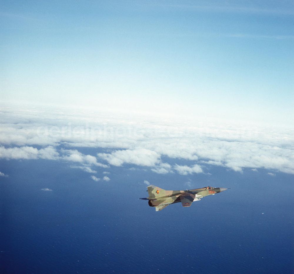 Aerial photograph Peenemünde - Eine Jagdflugzeug Mig 23 der Luftstreitkräfte der NVA / Nationale Volksarmee über der Ostsee bei Peenemünde.