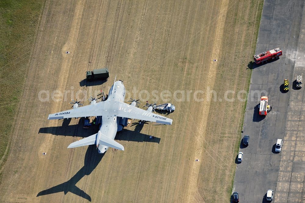 Aerial image Drewitz - Military transport aircraft Airbus A400M on the airfield Cottbus-Drewitz in Brandenburg