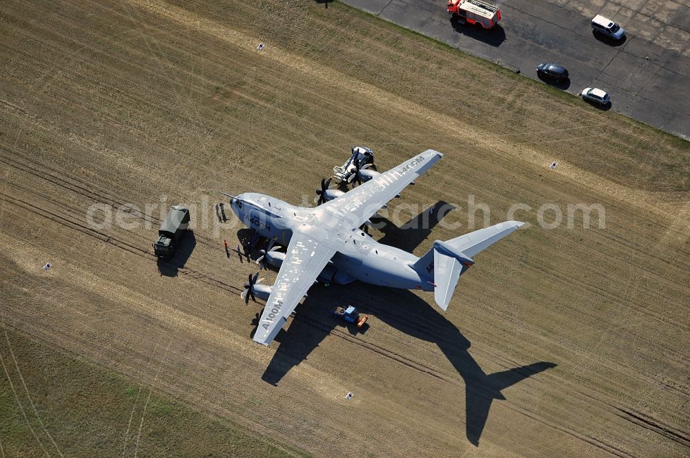 Aerial photograph Drewitz - Military transport aircraft Airbus A400M on the airfield Cottbus-Drewitz in Brandenburg