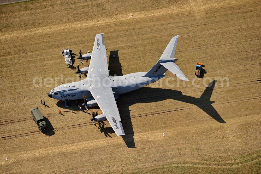 Drewitz from the bird's eye view: Military transport aircraft Airbus A400M on the airfield Cottbus-Drewitz in Brandenburg