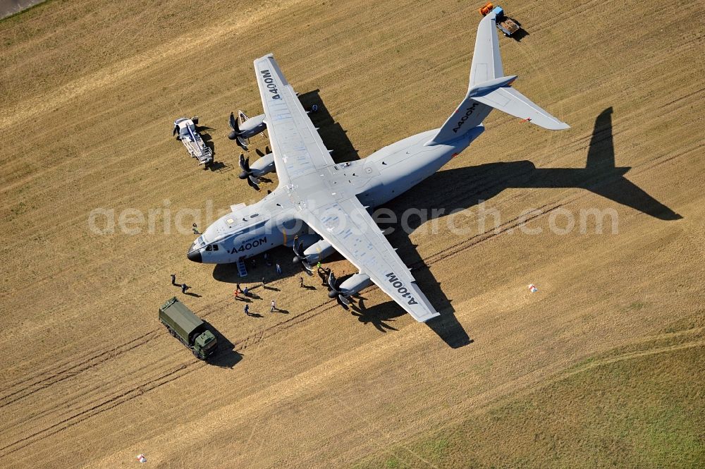 Aerial image Drewitz - Military transport aircraft Airbus A400M on the airfield Cottbus-Drewitz in Brandenburg