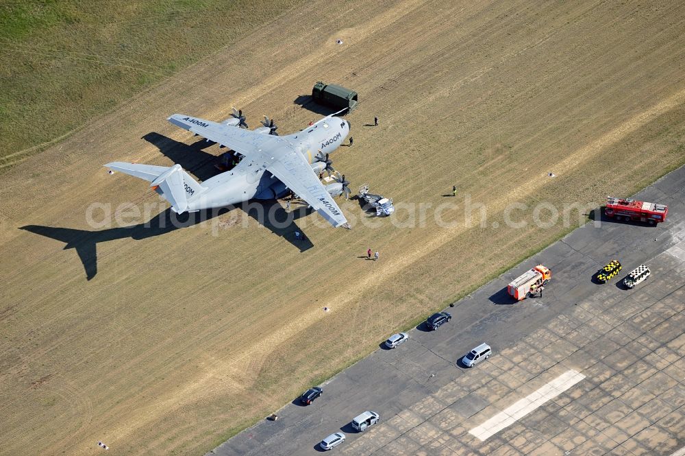 Drewitz from the bird's eye view: Military transport aircraft Airbus A400M on the airfield Cottbus-Drewitz in Brandenburg