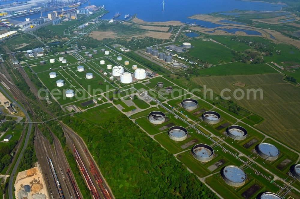 Rostock from above - Mineral oil - tank of Grosstanklager-Oelhafen Rostock GmbH in the district Peez in Rostock in the state Mecklenburg - Western Pomerania, Germany