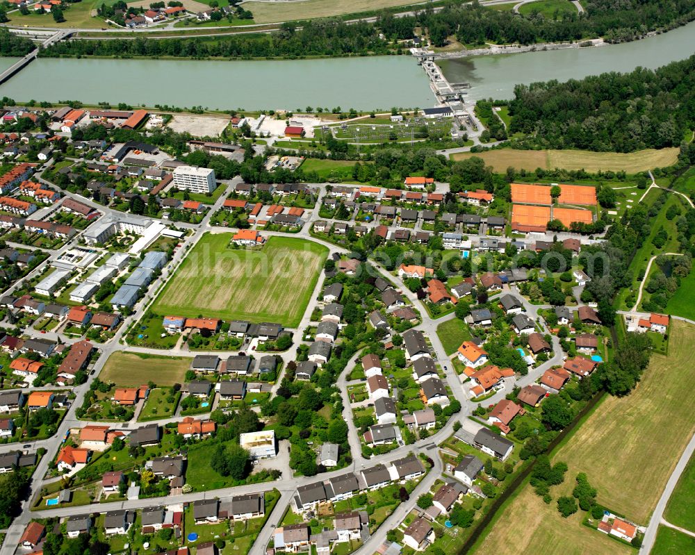 Neuötting from above - Mixing of residential and commercial settlements in Neuötting in the state Bavaria, Germany