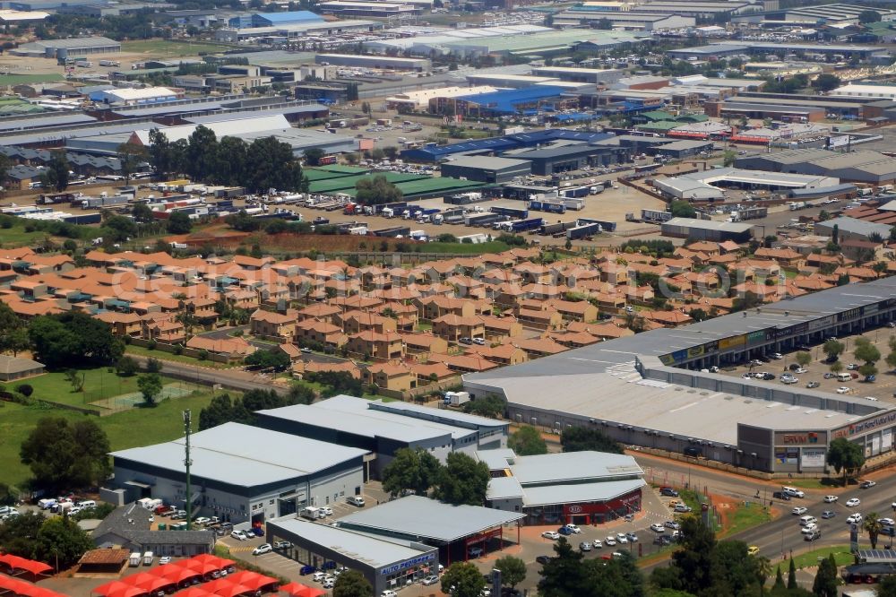 Boksburg from the bird's eye view: Mixing of residential and commercial settlements in the Johannesburg area in the district Hughes in Boksburg in Gauteng, South Africa