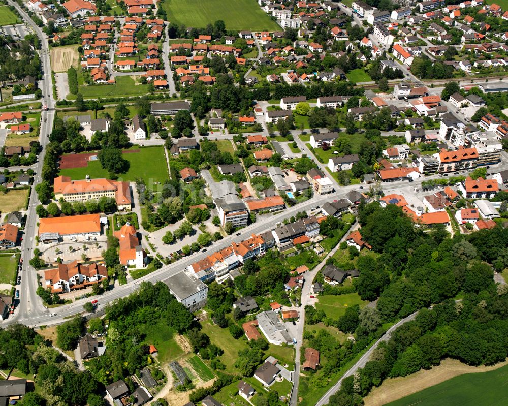 Töging am Inn from above - Mixing of residential and commercial settlements in Töging am Inn in the state Bavaria, Germany