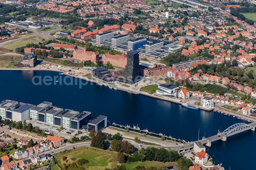Sonderborg from above - Mixing of residential and commercial settlements with Universitaet and Hotel -Anlage in Soenderborg in Syddanmark, Denmark