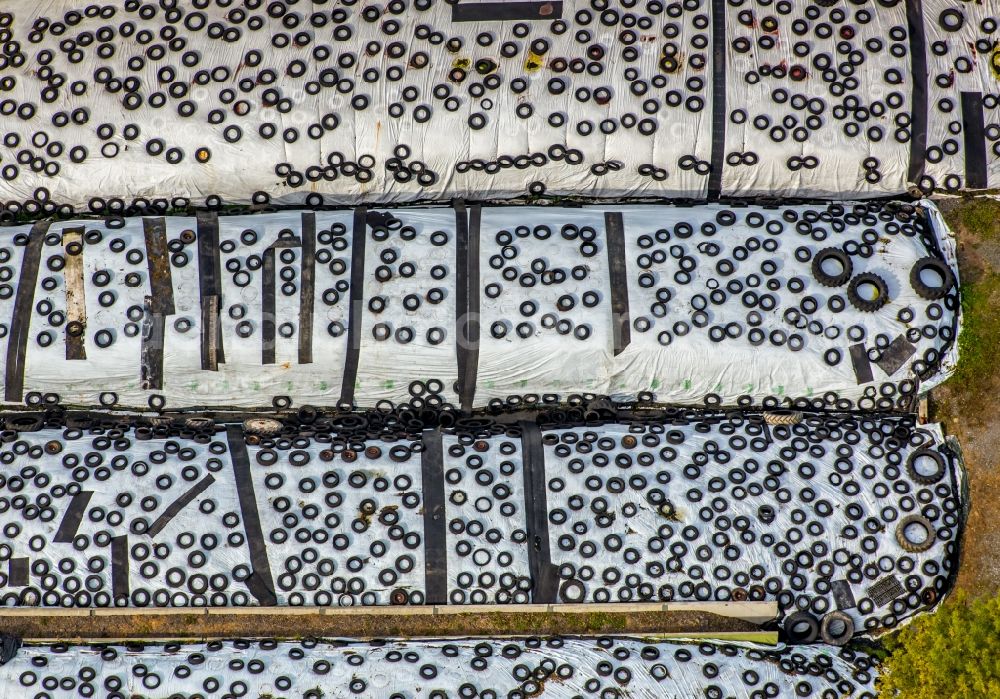 Eversberg from above - Tires on a drive-in and clamp silo in Eversberg in the state of North Rhine-Westphalia