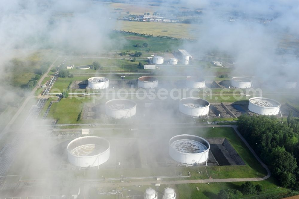 Aerial photograph Seefeld - With morning mist covered fields petroleum tank farm in Seefeld