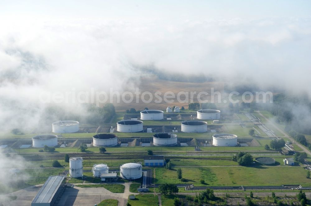 Aerial image Seefeld - With morning mist covered fields petroleum tank farm in Seefeld