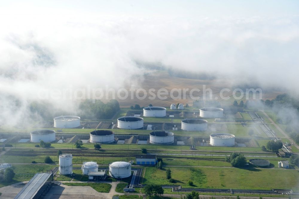 Aerial photograph Seefeld - With morning mist covered fields petroleum tank farm in Seefeld