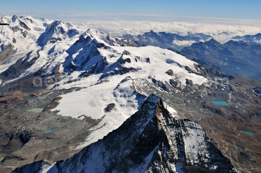 Aerial photograph Zermatt - With snow-capped mountain - summit of the Matterhorn mountain in the Alps near Zermatt in Switzerland