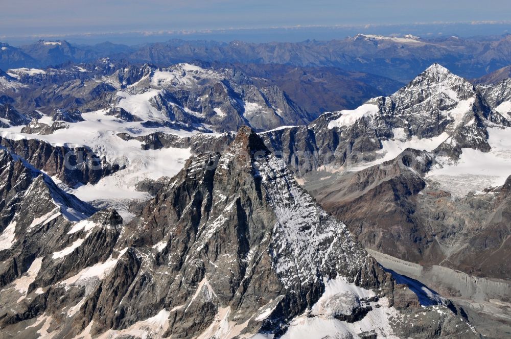 Aerial photograph Zermatt - With snow-capped mountain - summit of the Matterhorn mountain in the Alps near Zermatt in Switzerland